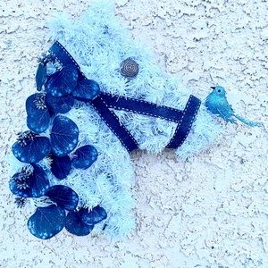 White Horse Wreath Blue Accents NEW! Handmade with White Lights